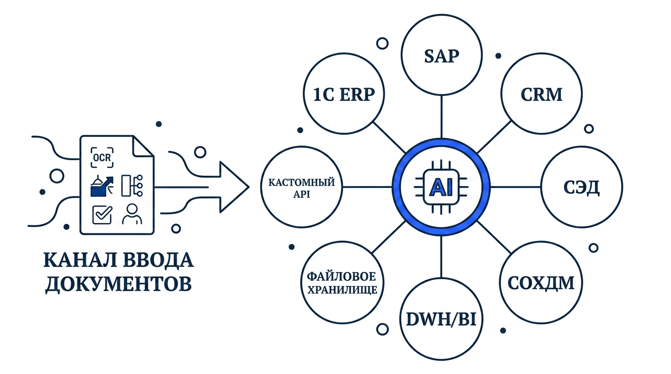 Document AI integration scheme: document input channel, OCR, AI and corporate systems 1C ERP, SAP, CRM, EDMS, DWH/BI, file storage and API
