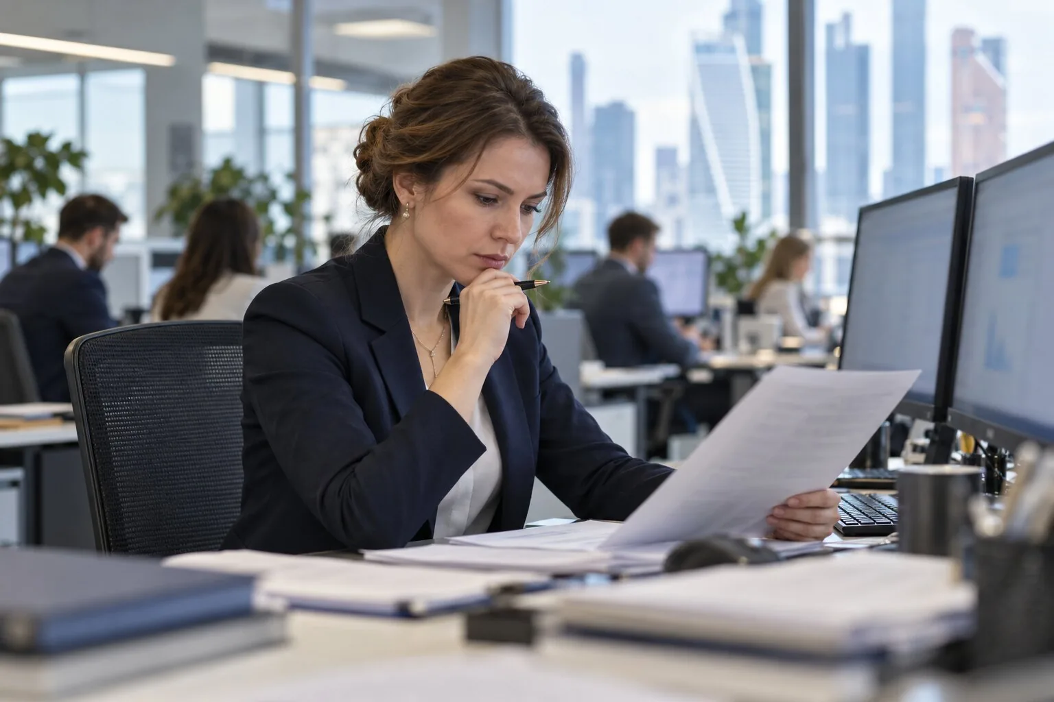A specialist at a desk with two monitors reads a document closely