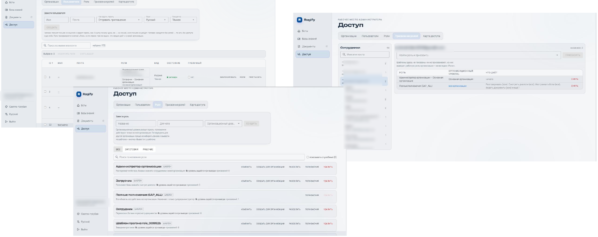 Управление доступом в Ragify: пользователи, роли-шаблоны и присвоение ролей с организационным уровнем