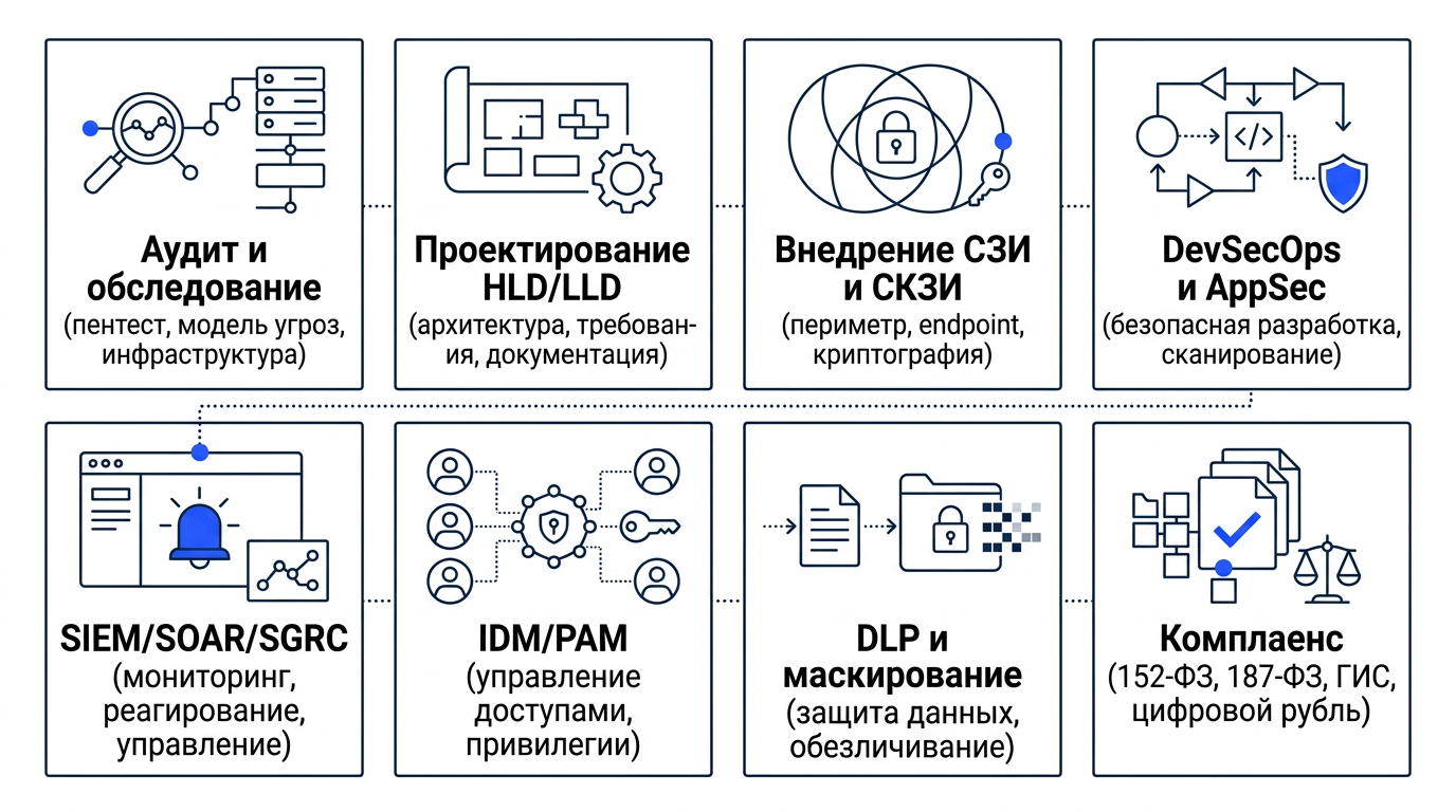 Information security product map: audit and survey, HLD and LLD design, implementation of information security and cryptographic information protection, DevSecOps and AppSec, SIEM/SOAR/SGRC, IDM/PAM, DLP and masking, compliance